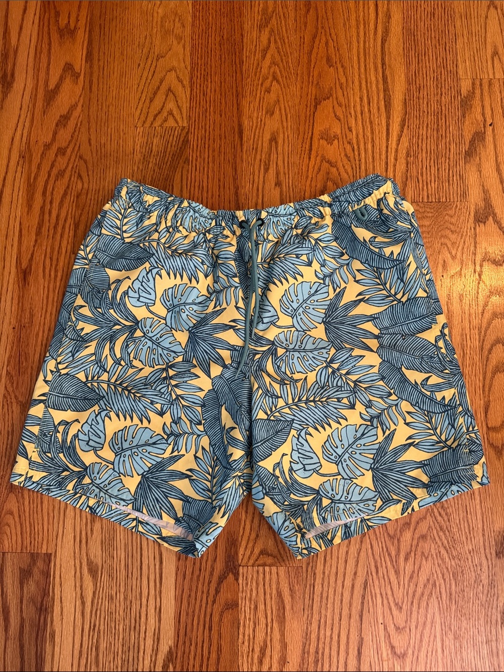 Eddie Bauer Yellow and Blue Leaf-Print Swim Trunks